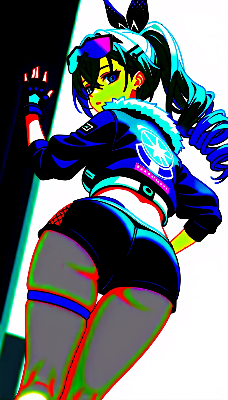 masterpiece, best quality, 25 years old beautiful woman, long hair, (mature face:1.4), 1woman, solo, crop top, tongues underwear, choker, (from behind:1.4), plumb ass, thick thighs, thin waist, (graffiti:1.5), paint splatter, arms behind back, against wall, looking at viewer, armband, thigh strap, paint on body, head tilt, bored, multicolored hair (pink, blue), aqua eyes, headset

