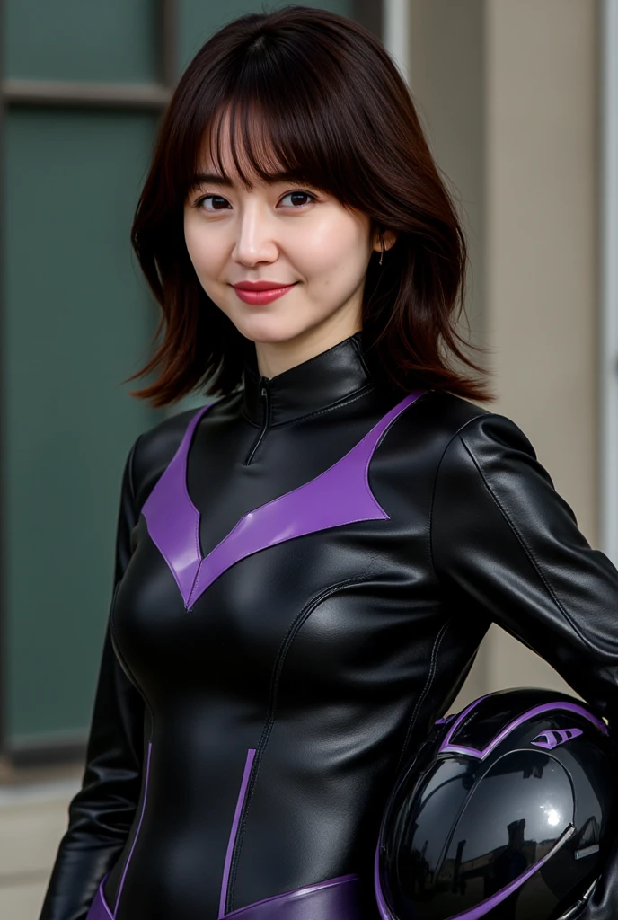 woman, 30th Generation, Japan,Wearing a work shirt,(smile:1.6),Tour the Warehouse,use,Rubber gloves、Purple Rubber glovess、Purple Rubber glovess、long Rubber glovess in purple color,,、Shiny purple gloves、(woman二人が写っている:1.6)、(Very short hair:1.2)、(Standard body shape)、(D cup breasts)