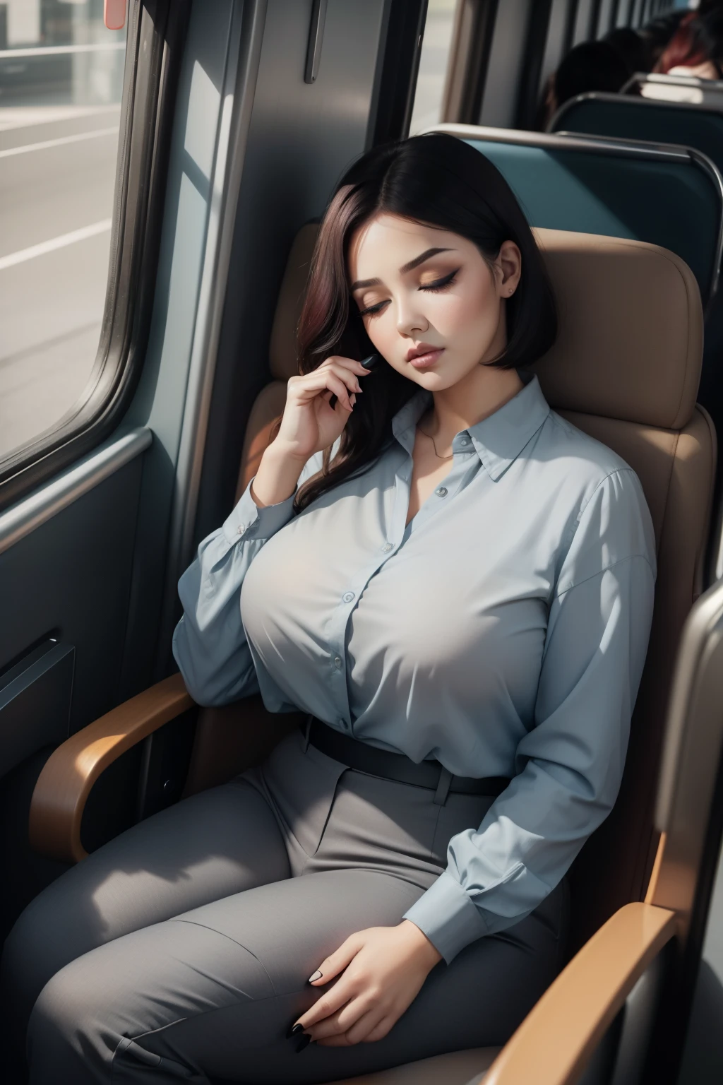 1 beautiful woman, large body, eyes closed, white skin, brown hair, eyelids made up, eyelids outlined with makeup, dark green polo shirt, white jeans, white jacket over polo shirt, boots, green cafarena, large cream handbag, sleeping with her mouth open, asleep lying on the bus seat, nodding.