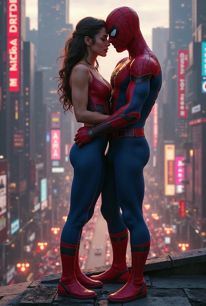 To create an image of a Spiderman and Spider-Girl couple, I'll need to generate a unique interpretation of these characters. The design will feature a male character resembling Spiderman and a female character with a similar superhero costume style and curly hair, cover face mask standing together in a dynamic and affectionate pose. Bothe wear spider mask