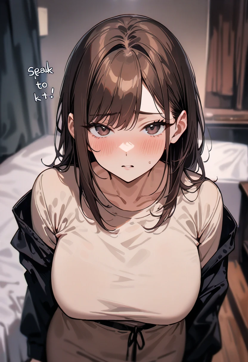 (masterpiece), best quality, expressive eyes, perfect face, demon girl, long light and dark brown hair, brown eyes, awkward expression, perfect round breasts, black long sleeve t-shirt, black shorts, black stockings, thick thighs, perfect arms and hands, house, room, provocative pose, taking a selfie with the camera, her brother watches her, nsfw