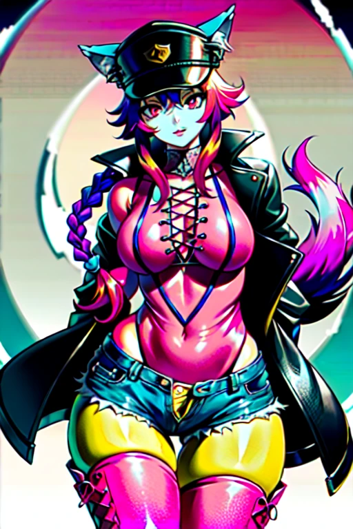 Wolfie, solo, girl1, looking at viewer, smile, leather pant, trench coat , standing, detailed eyes, detailed face, long ears, earrings, spike caller, sharp teeth, furry shoulders, furry arms, best quality, perfect quality, masterpiece