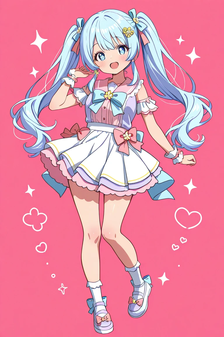 illustration of 2 cute anime-style twin girls side by side。 The background is white。 Hairstyle、The first one has a pastel pink color and half twin tails(I'm putting it down on the long one&they have a small amount of hair above their ears)、and the other one has twin tails in pastel purple color。 both have light blue eyes。 衣装はお揃いのidol風で腹部の見えるデザイン、based on pastel pink, pastel purple, pastel blue, and white。 Skirts and tops、socks、they wear lots of ribbons on shoes and the like、hair ornaments and large ribbons、The。 both of them are singing happily、energetic and bright atmosphere。 anime style、pastel colors、fantastic、cute、idol、Girly、Sparkling