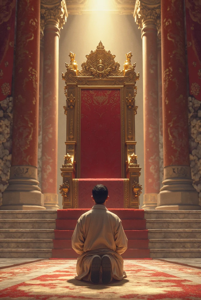 A young man bent down in front of an imperial throne