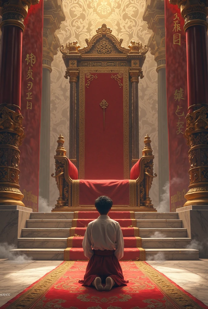 A young man bent down in front of an imperial throne