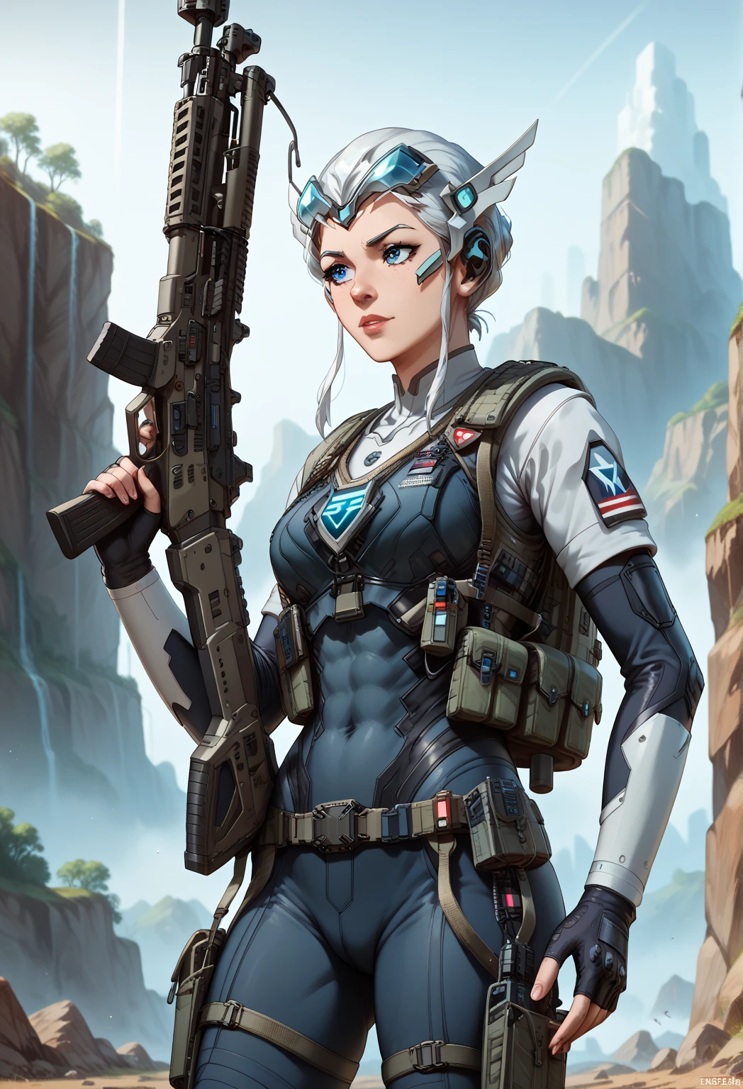 masterpiece, best quality, valkyrie (apex legends), cowboy shot, 1girl, solo, toned, blue sky, cloud,