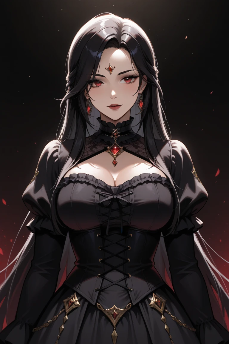 Long black hair, red eyes, big breasts, royal sister, black dress, horror background