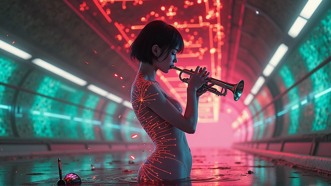 a woman playing a trumpet。Asian。In the streets of a city、I stand slightly to the left in the center。The skin is white and、from shoulders to lower abdomen、the orange light like a flame covers my entire body。glowing tiny particles adorn、it is designed like an electronic circuit or machine、skin。white skin tone and、the contrast created by the orange light is impressive。Like sticking to the skin、I wear a white costume like a bodysuit with a simple design、I have no accessories in particular。Quiet、I have a slightly serious expression。Hair is black、I have straight hair that is slightly below my shoulders、 fluttering in the wind 。has good proportions、it's a fantastic style。how the light shines on the person、 overall幻想的な雰囲気に満ちています。The composition is、the background is blurred to make women stand out、the body is slender and。 overall、it's sci-fi style and fantastic。
2087 year、Night in New Tokyo、The huge clock tower shines with blue and purple neon lights The light like a。the hands stop、fog covers the dial。transformer synth swirls and the silhouette of a、the house beat echoes from a distance。trumpet floats in a hologram、the melancholy of jazz drifts。
