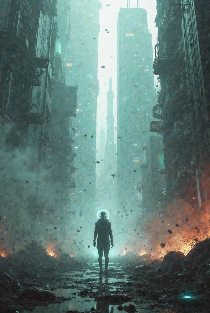 (wide view), wasteland, city ruins, (a man in front of ((huge mech wreckage)), dim light, streets, collapsed utility poles, scattered power lines, electric sparks, tattered future vehicles, garbage heaps, standing water in the big beach, rocks, dense weeds, dense dust smoke, ruined neon lights, heavy clouds, dusk, high quality, (super fine), (light detailed), detailed, accurate, 16k resolution, master works, (movie lights) , (cyberpunk style), dynamic perspective