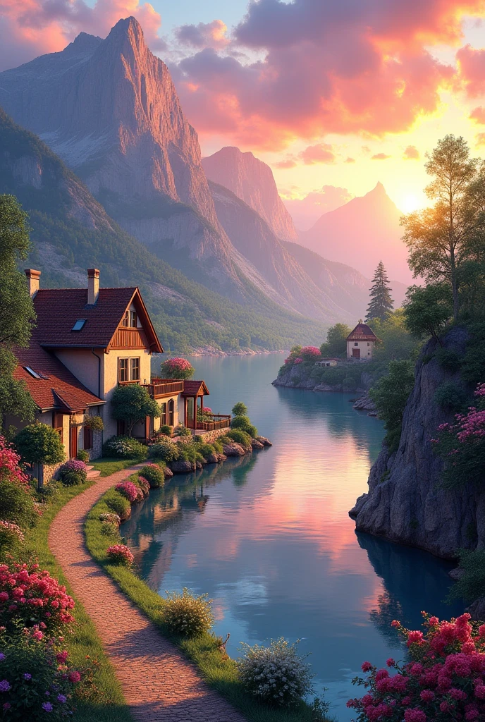 A small village by the river, color of the mountain in the background, colorful flower flowers, detailed landscape, beautiful natural scenery, atmospheric lighting, scorching sunset, warm colors, Practical, фотоPractical, detailed foliage, complex buildings, paved street, charming country house, swirl bright colors, lush vegetation, reflections on water, picturesque, idyllic, artwork, the best quality, 8k, very detailed, anime styling