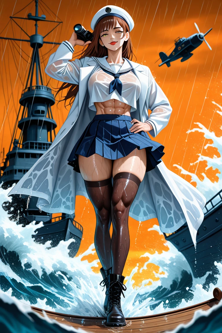 1female,35yo,plumw,extremely large bosom,Big breasts Thin waist,Long legs, 独奏,(Background with:aircraft carrier,Mare,airships,warships),legs are open,, with his long black hair,Twist braids,Stand on a warship,seen from the front, , mostly cloudy sky,(((tmasterpiece),(Very detailed CG unity 8K wallpaper),best qualtiy,cinmatic lighting,detailed back ground,beatiful detailed eyes,Bright pupils,Black eyes,Snow-whiteskin,Redlip(Very fine and beautiful),(Beautiful and detailed eye description),ultra - detailed,tmasterpiece,))facing at camera,A high resolution,ultra - detailed), Bulge,legs are open,Raised sexy,Camel toes,Flushed complexion,Desire for dissatisfaction,frontage,Chinese Navy,Blue and white sailor suit,Sailor's cap,Red five-pointed star logo