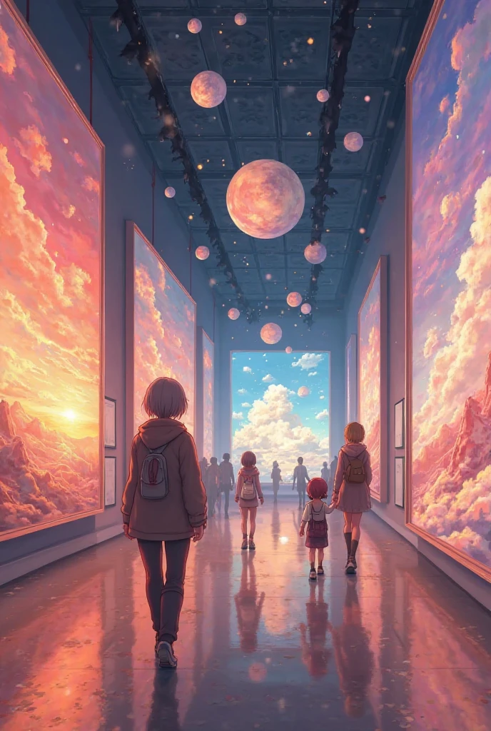 SCÈNE 3 : "Expo actuelle à Lyon"

Prompt :
An anime-style museum interior with dream-themed exhibits, large dreamy paintings, glowing dream bubbles floating. Visitors (anime characters) walk slowly, observing. Warm soft light. Atmosphere of wonder and curiosity.