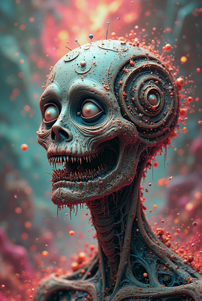 (((Brok hofer art-style:)1.37))) a highly detailed and realistic 3D skull with a gas mask, organic cyborg hyper psychedelic beast, shamanic DMT horror art, psychedelic cosmic horror illustration, bleeding decaying colors, Dan Mumford and Alex Grey style, detailed game art of Half Life Alyx Gordon Freeman, best quality, 8k, ultra-detailed, realistic, photorealistic, photo-realistic, HDR, UHD, studio lighting, ultra-fine painting, sharp focus, physically-based rendering, extreme detail description, professional, vivid colors, bokeh