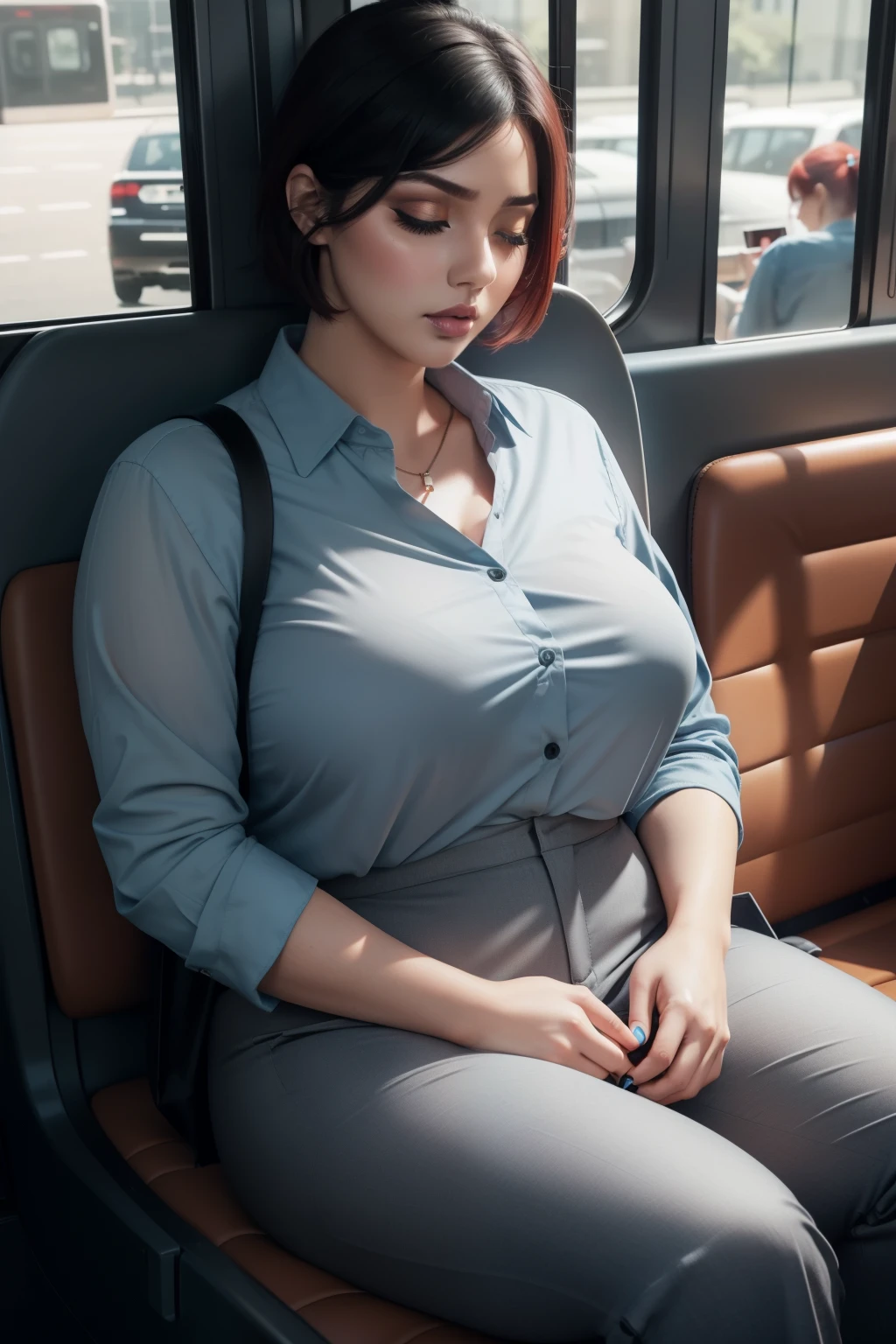 1 beautiful woman, adult, large body, chubby, maroon hair, outlined eyelids, made-up eyelids, long-sleeved shirt, black shirt, light blue vest, neckline, black formal pants, blue handbag, arms crossed, sleeping sitting on the bus, mouth open, eyes closed.