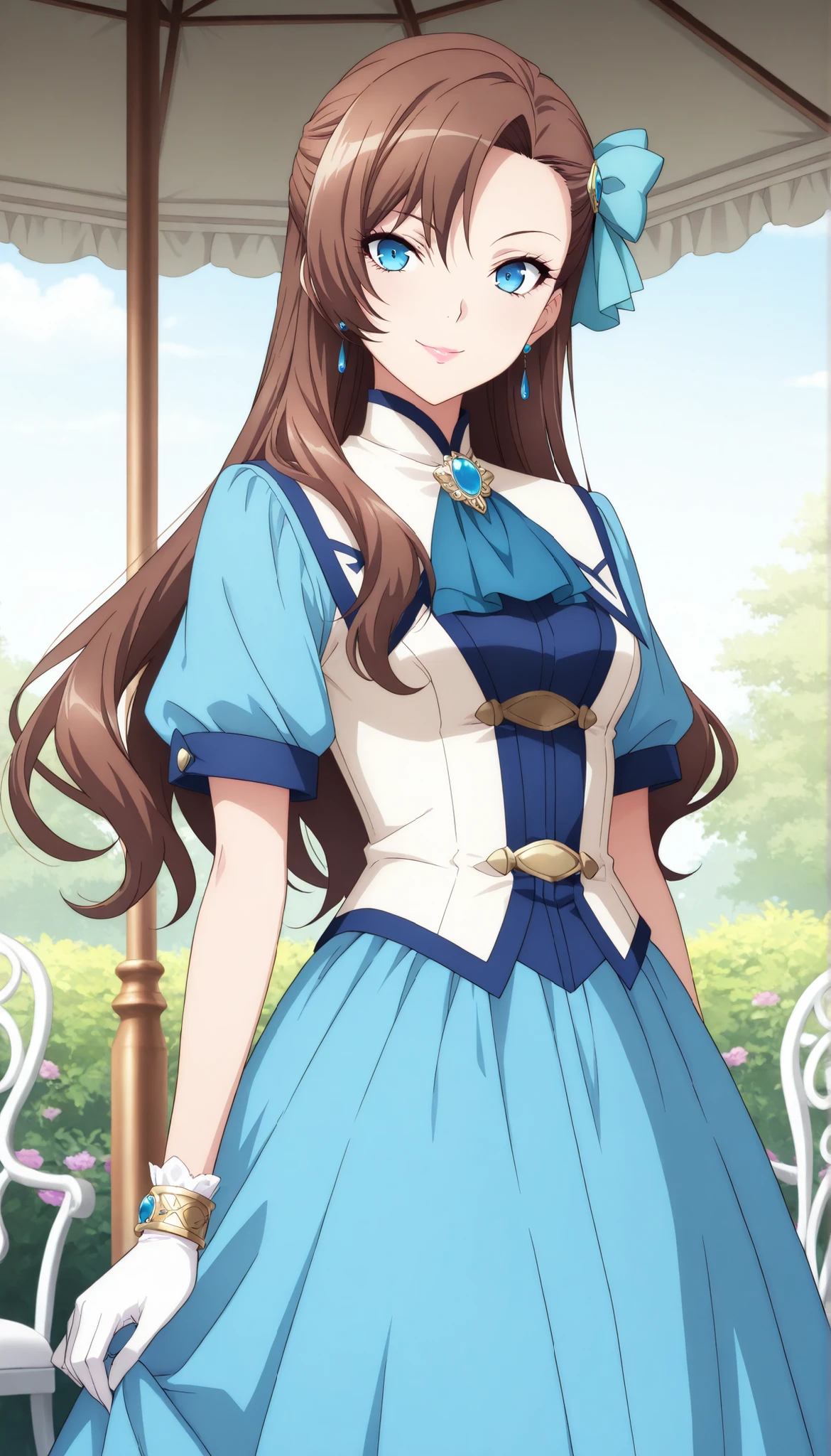 1 female, Pretty beautiful girl, (Catherine Claes, long hair, bangs, brown hair, blue eyes, asymmetrical bangs), Pure Bitch, Captivating Body, Female Curves, skinny, glamorous body standing all over, Nasty Beauty , ( Smile), Sharp Eyes, sling, beautiful lips, long eyelashes, (hair ornament, gloves, dress, bow, jewelry, jacket, short sleeves, hair bow, earrings, white gloves, bracelet, ascot, blue dress, blue bow, brooch, high collar, long dress, blue ascot), sit on a chair, Gazebo, garden,  beautiful flower々, Dramatic Lighting, indecent atmosphere, Glamorous Light , bright colors, have a low depth of field, anime style, beautiful detail, super high definition, (top quality, very detailed, anime illustration, soft focus, masterpiece, best aesthetics),