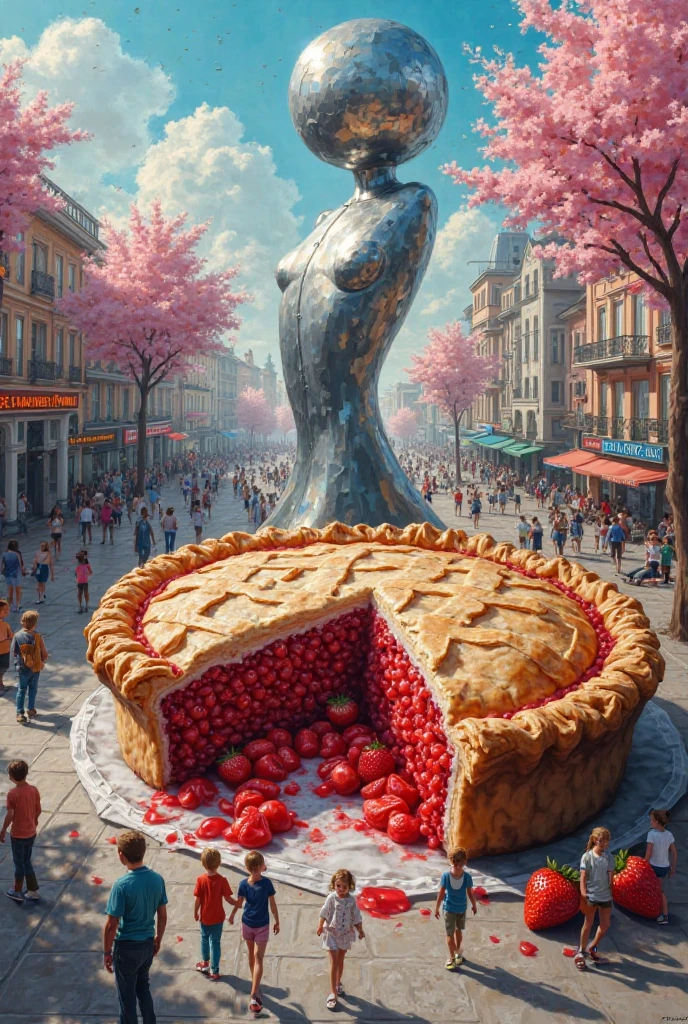 Mural of a strawberry pie in a public place with a sculpture 
