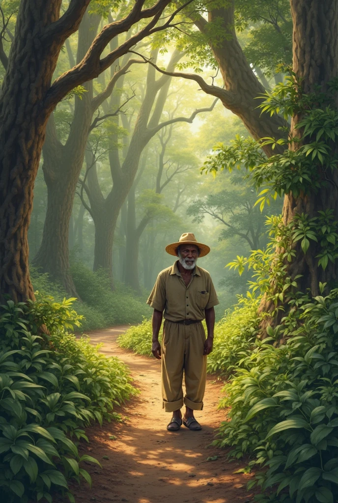 An elderly black , with a straw hat,ON A FOREST TRAIL, OLD BLACK BRAZIL, green forest