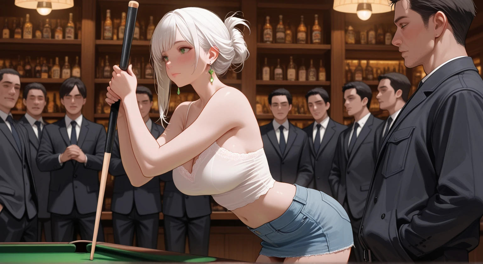 Anime Woman with huge breasts holding a cue stick standing next to a pool table seductively wearing a white half button down shirt with a very short black skirt full body with perfect hands white hair with aqua eyes