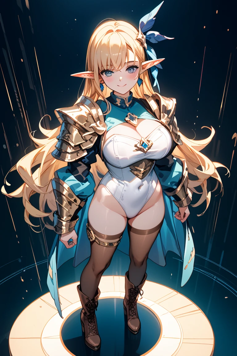 masterpiece、highest quality、very detailed、High resolution、16k、I can see your nipples、Teetoob proportions、elfの女の子、Golden armor has a shine、extremely transparent skirts、black panties、very white skin、beautiful fingers、Anime girl with very big breasts posing naked、perfect style、elf、No bra、blonde blue eyes、cool smile、slim the contours