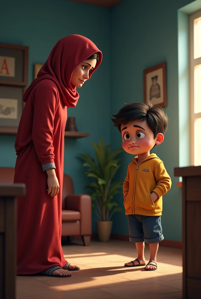 A mom muslim scolded one boy wear blue uniform 3d at home