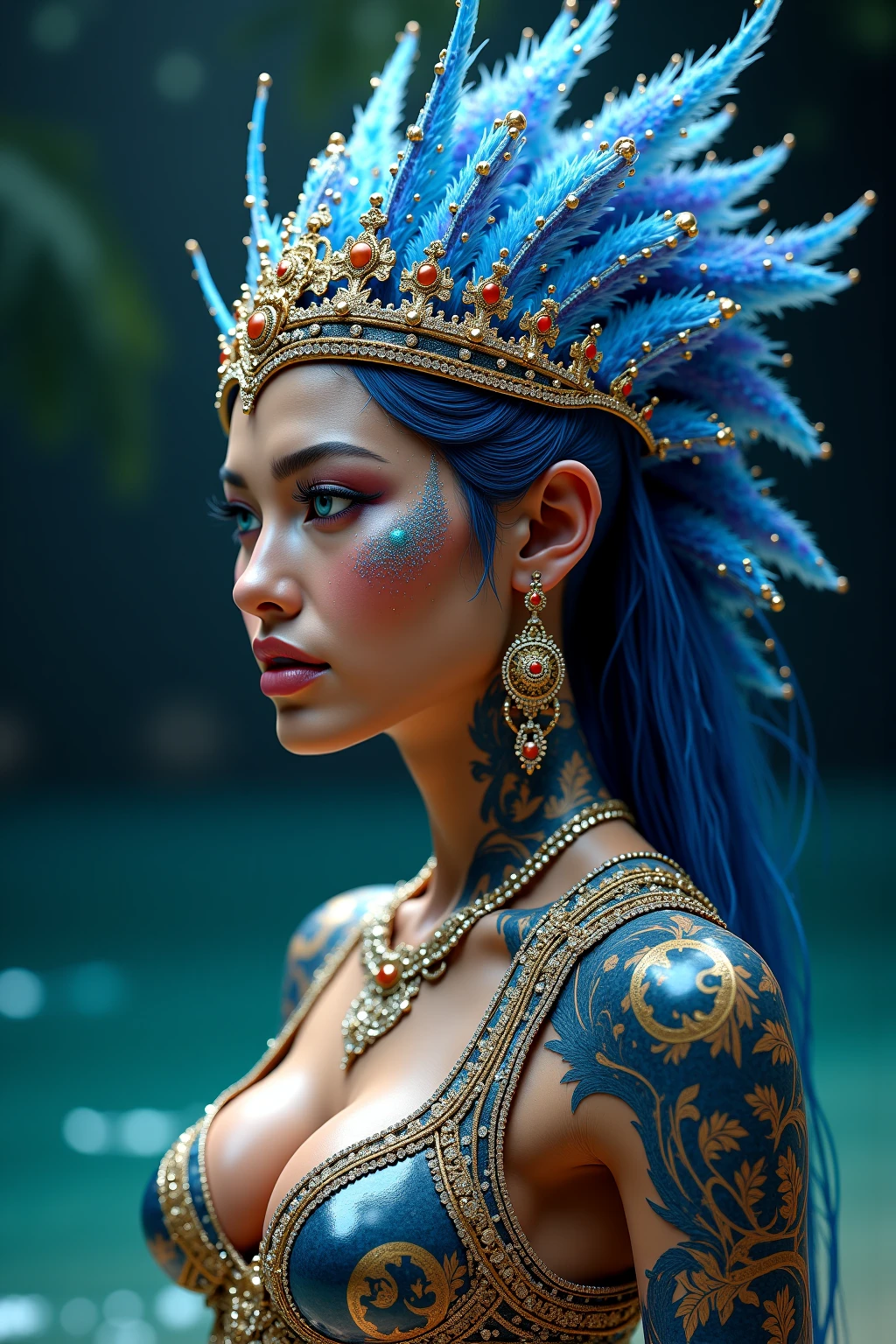  jewelry ornaments ,fantastic headdress with crown,complex details,super realistic, Diamanten,Rubine,Saphire,Smaragde,Hals,Waffen, Ohrringe,everything is very complicated,Originality,toma de full body,goddess AMAZONICA, with special features, that make it possible for her, changing color and shape at will , creating completely realistic patterns,size, perfect ,bioluminescente Tattoos,iridescent like neon in all the colors of the rainbow,aura como vistiendose con el agua que sube y gira abrazándola formando grabados Intrincados como bioluminescente Tattoos por todo el cuerpo,nackt, she is only in her skin dress , die ihre Farbe wie Sepia wechselt und ihre Kleidung wie Body color  kreiert ,Body color ,( Meisterwerk. Ultra-HD. photorealistic) (full body) a lovely ultra sexy brunette woman with lovely DetailEds , lovely plump lips DETAILEDs, extremely detailed eyes and face, wear long lashes ,Epic neckline(bust size) 100e),gut, Teile,complex and detailed facial features,ethereal goddess of the golden world,lovely,aura like blue smoke and Violett around her, A type of huge angel wing, formed from water ,Eis,blue humo ,Violett, butterfly wings , Bluish,bioluminescent,dramatic lighting,cinematographic angle,digital painting, conceptual art ,very detailed,photorealisticic,8K,Meisterwerk,vivid colours,((((Frauen,(athlete with big breasts,nass,oiled,piel hell,realismo de photorealisticic,goddess amazon de los elementos bailando con el agua que se arremolina a su alrededor,ewiger Tanz(lovely realistic female face)),Head tilted,page view)))),black and gold print one-piece,Extremely deep Halsline showing off abs,bright blue eyes,  long hair with darker roots  ,Horsetail,ausruhen,beach in the background with palm trees,  black sand  ((goddess,amazon,  busty jungle beauty  ,female hips)) high resolution , Haarblume,Halo, Meisterwerk,Retina,hell,Frieden