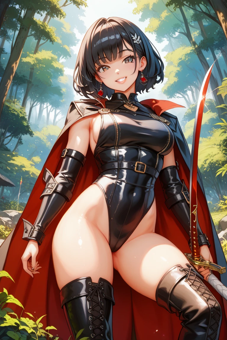 masterpiece, best quality, extremely delicate and beautiful, ultra-detailed, high-resolution, 20 years old, detailed beautiful face, tearful mole, earring, very huge round breasts, short medium hair, wavy hair, wet clothes, full body shot, alone, (assassin), kimono, (armor),