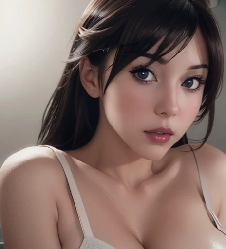 (masterpiece, best quality), deep ebony 1girl, beautiful face, Kimberly_jackson, freely ponytail, confused, upper body,, bright blue eyes, facing viewer, triboob_cleavage