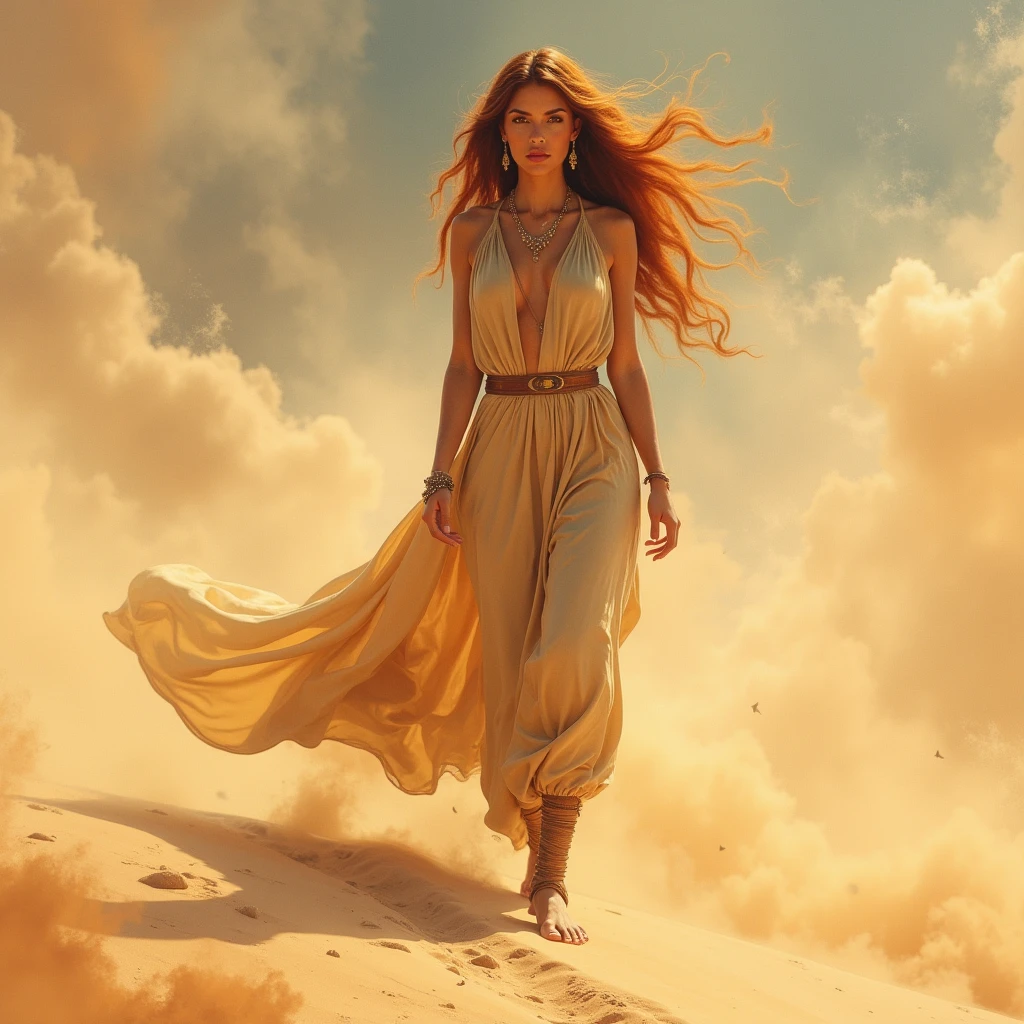 Eva Longoria.  fantasy style, colourful, beige tones of the painting. The sand rises from under your feet. Desert goddess, dark tanned skin , to full height, walks across the sand with bare feet, arabka, palestinian, Syrian, desert resident, Arab appearance, long red hair, bronze leather, amber yellow eyes, Narrow face, beige open sand dress, fantastic sand-style dress, , a crafty Ascetic in a, that rustles like desert sand. Her eyes are like amber, and her hair is a fire, that can warm, dress or maybe burn a careless. 
