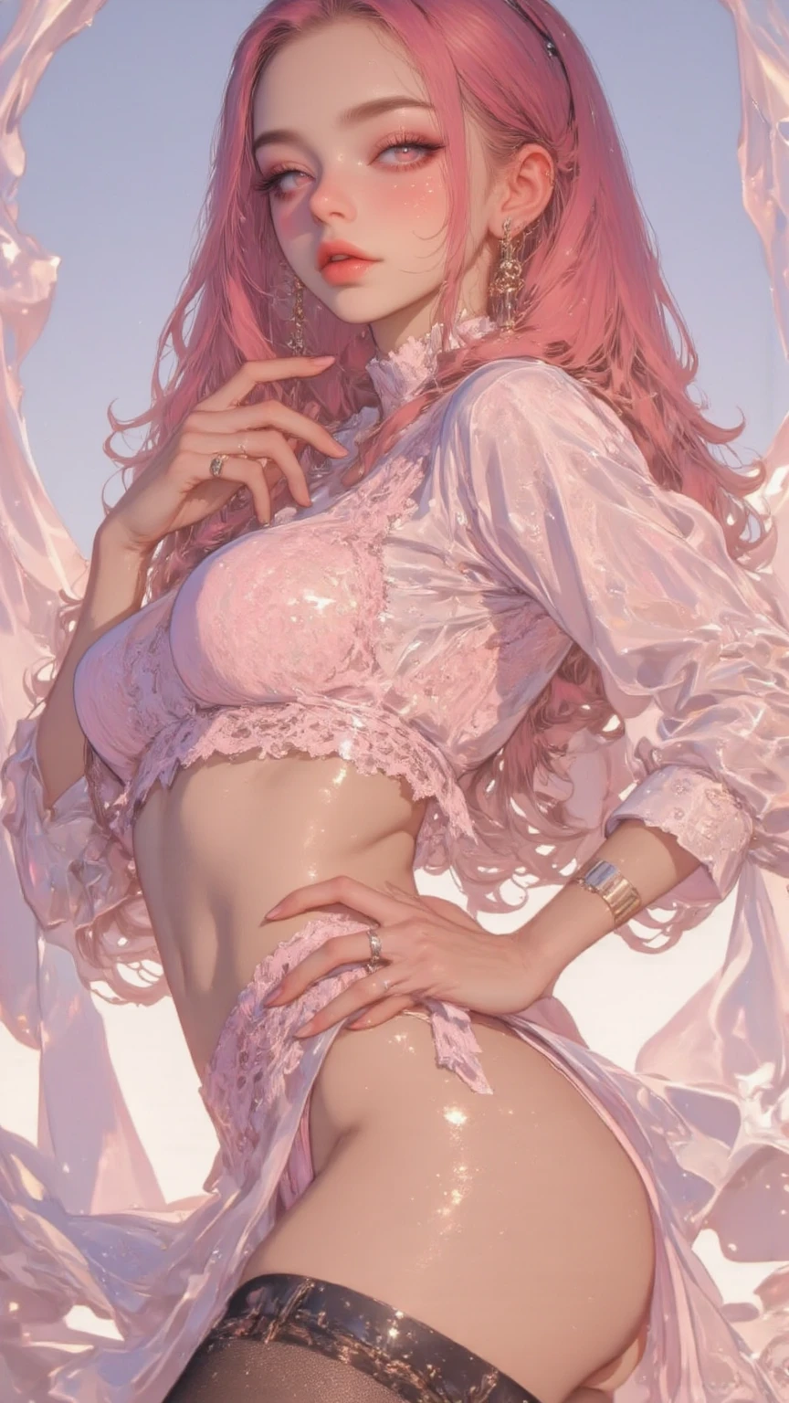 (tmasterpiece, top-quality, Ultra-detailed:1.3),1girll,(18 years old),(perfect anatomia)，CharacterDesignSheet，Chinese style，A pink-haired，White background，ogle，photography of，Look to the lens，Bandeau，lacepantyhose，perfectly proportions