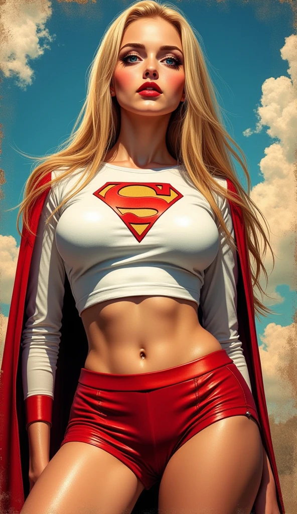 A SEXY TEEN FEMALE WITH (GIGANTIC BREASTS:3.8,) DREAMY BLUE EYES AND MEDIUM MESSY GOLDEN BLONDE HAIR WEARING A CLASSIC WHITE LONG-SLEEVED CROP=TOP SUPERGIRL COSTUME, A SHORT BLUE PLEATED SKIRT WITH A YELLOW SUPERGIRL BELT, RED HIGH HEELED SUPERGIRL BOOTS, AND SHORT RED SUPERGIRL CAPE WITH YELLOW TRIM. incredibly detailed skin and eyes, seductive poses, 8K resolution, masterpiece, ultra-detailed, semi-realistic,