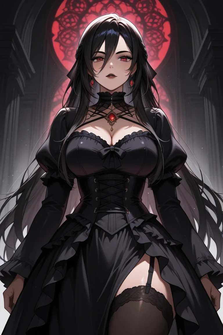 masterpiece, best quality, ultra detailed, detailed eyes, sparkling eyes, (((large breasts))), nsfw, A dynamic view of a tall young woman with a slender and busty frame. long, straight, black hair reaching her mid-back with short bangs framing her forehead in a more elaborate updo formed from braids wrapping around her head and upturned red eyes. a form-fitting halter-style black dress that shows off her shoulders and chest, with a rose choker and a red rose pattern on the inside of her skirt. The front of the skirt is mid-thigh length, while the back reaches below her knees. She also wears a pair of black thigh-high boots with a rose symbol at the bottom of their sole and black fingerless gloves. The headband she wears is gold colored with a rose and two spikes on each side.