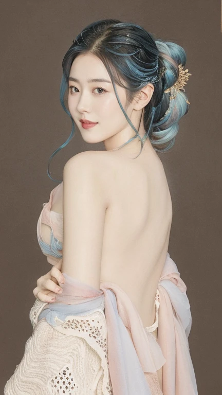 highly detailed, 8K, masterpiece, 1 girl, blue pink_hair, nude, Smile, (perfect_Face), boundary, close up, mad, exist_Back, Gorgeous, complex, dramatic lighting, 4K, detailed_Background, Caustics, full_Body, naked