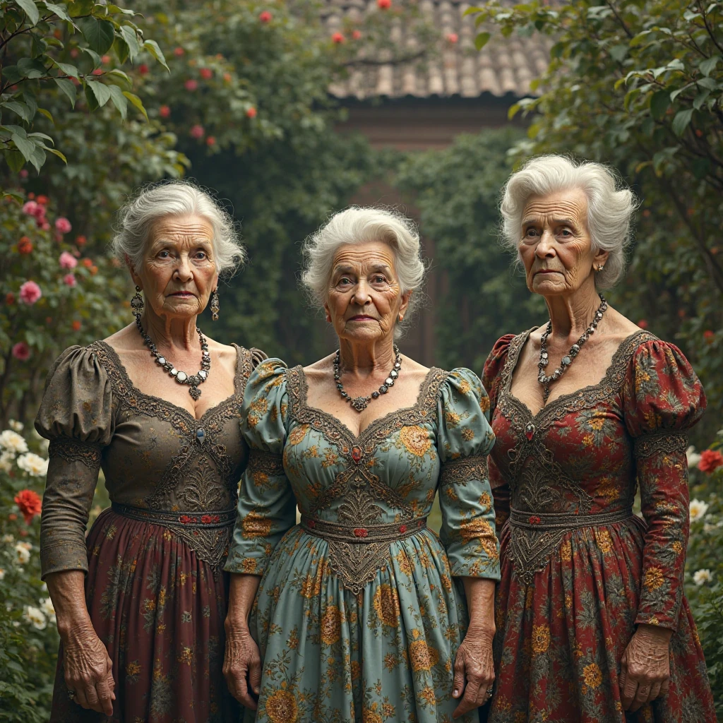 3 standing ladies, old women with very prominent .  Front Posture , detailed faces, Serious looks , dresses and boots, garden background, photos,8K,Alta Res 