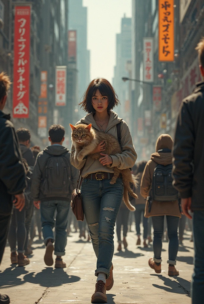 They walk down the street, passing by people who ignore them.
One person bumps the girl, nearly making her drop the cat.