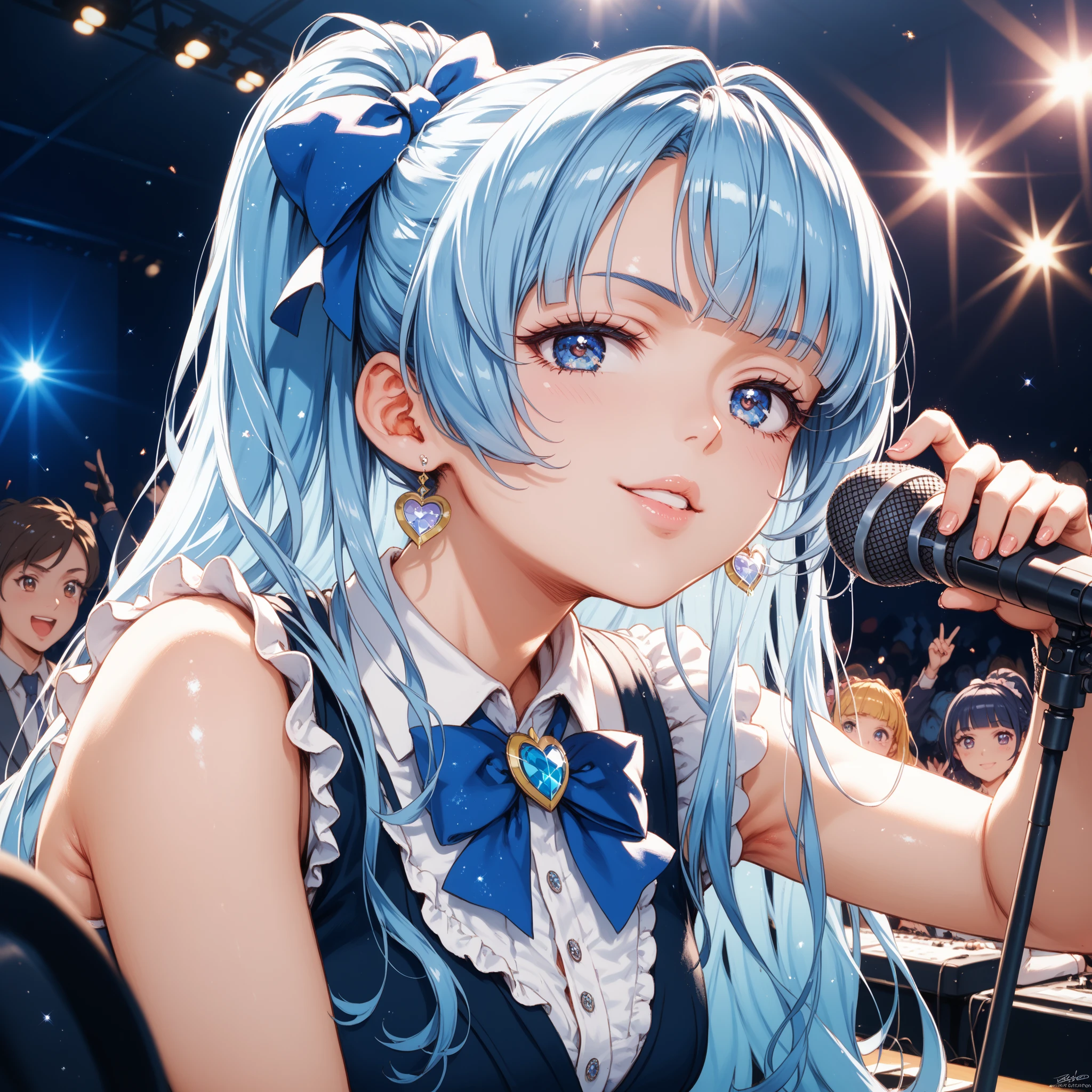 1 girl, Cure Kyun Kyun, light blue hair, Cute idol costumes, beautiful legs, Decisive face on stage,  posing with microphone, High Quality, Precise painting , beautiful portrait, Vivid Colors, HDR, UHD, Studio Lighting, Ultra-detailed depiction, photographic realism, Professional, Glitter skin