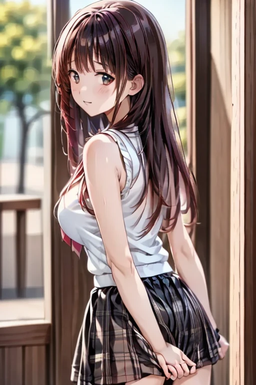 Brown hair、(Brown Eye Degree:1.5)、One side up、poneyTail、Black skirt、Tight white shirt、flered skirt、Winter clothes、BREAK (masterpiece:1.2)、top-quality、hight resolution、unity 8k wall paper、(illustratio:0.8)、(beatiful detailed eyes:1.6)、extra detailed face、Perfect litthing、Highly detailed CG、 (perfect hand、perfect anatomia)、Look at viewers、red blush、Stand on the escalator, (By up escalator), (lower body shot), Thigh Focus, (Taken from the bottom 1.3), (View from behind1.3)、 (Sexy light blue panties:1.3)、(Skirt that rolls up:1.3)、(Fully exposed panties:1.5),