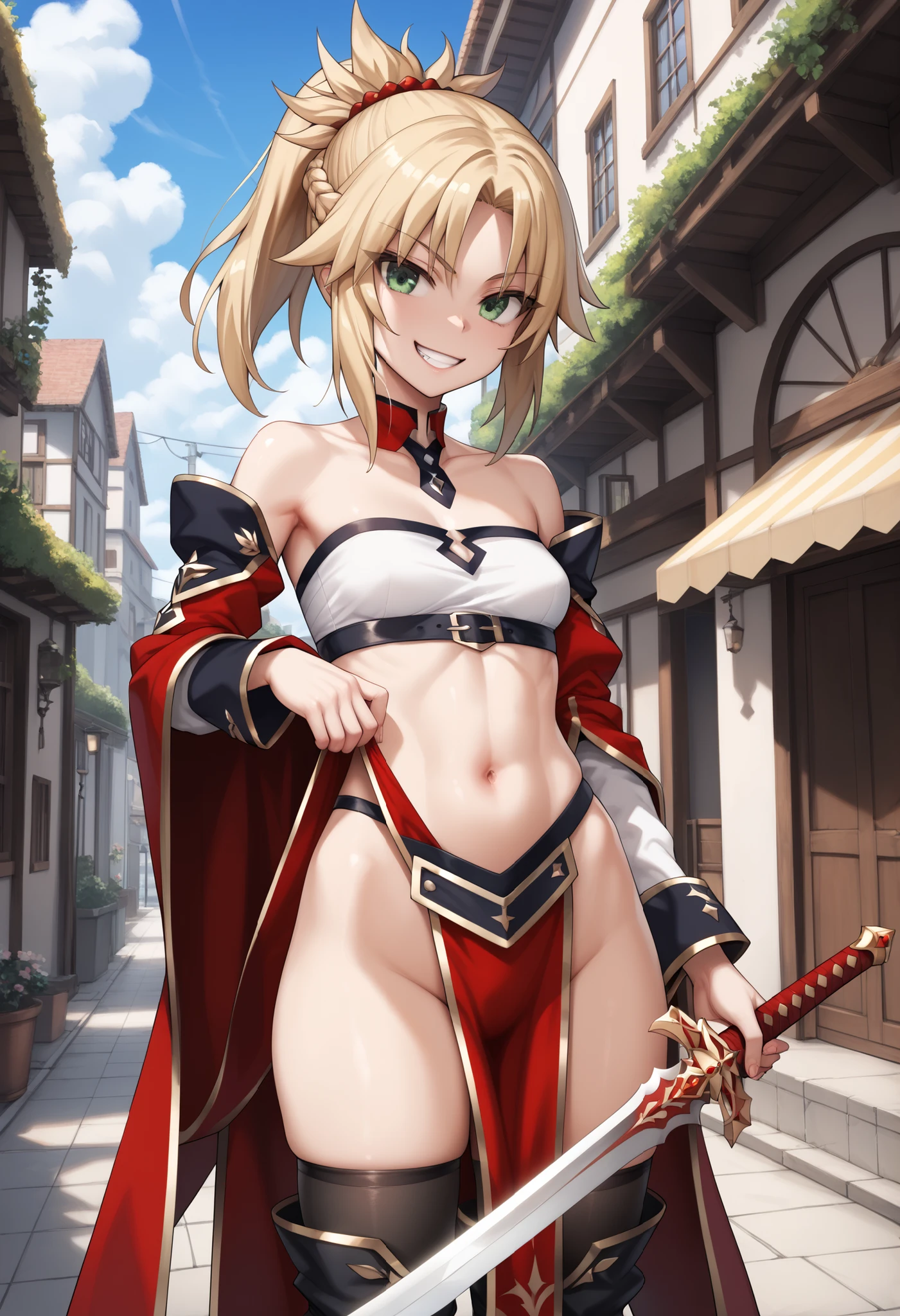 best quality, integrated scenery, integrated background, extremely delicate and beautiful, meticulous details, good composition, cute face, perfect face, perfect hands ,Masterpiece, Best Quality, illustration, city street, 1girl, Mordred \(fate\), collarbone, Detailed blond hair ponytail braid, green eyes,, White tubetop ,pelvic_curtain,navel,thigh-high,grin,(covered_nipples:0.6),skiny,big_smile,solo,boots,thigh-highs,groin,1long_sword,grab_the_loog_sword_hilt,standing, carry_the_long_sword_on_girl_shoulder