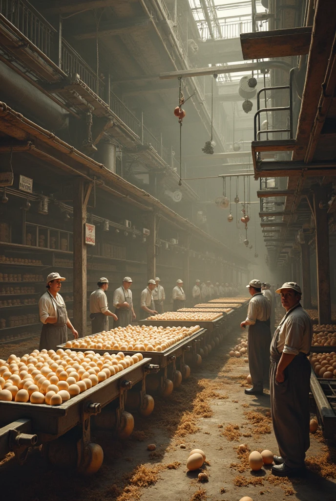 Create what a less modernized egg company would look like inside, where the eggs are in machines and there are people watching.
