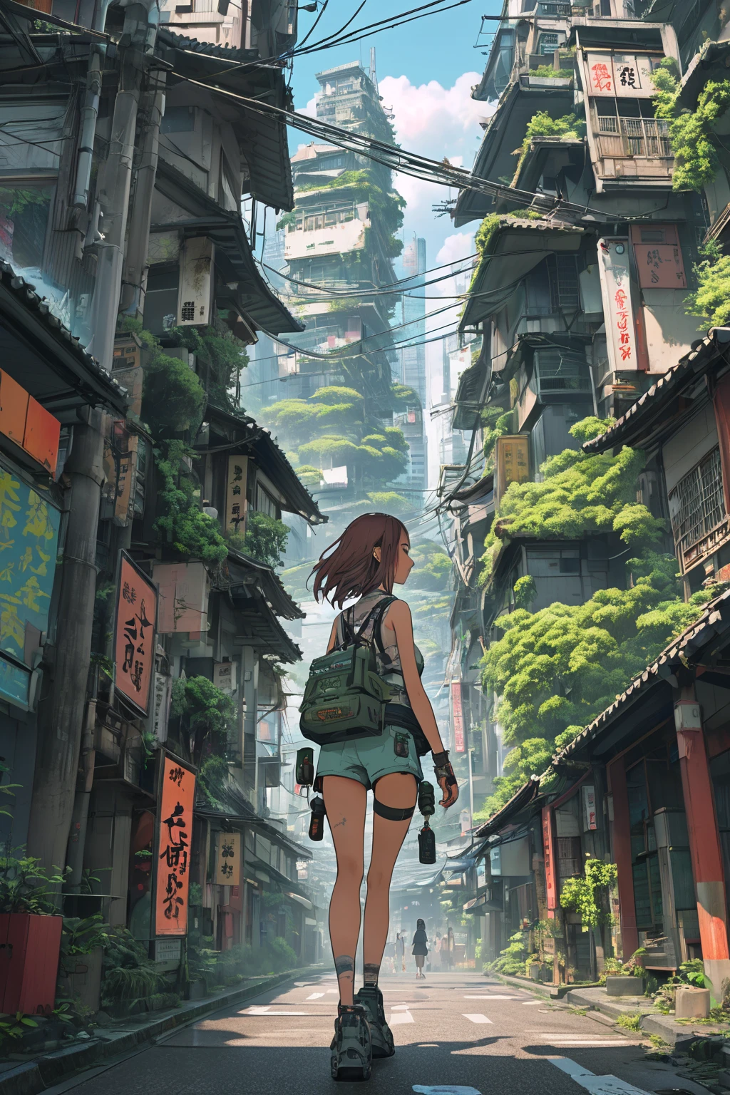A topless beautiful girl、Walk on a miniature city