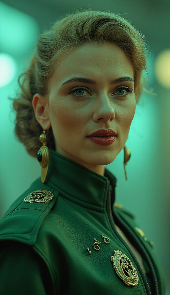 Here is a detailed prompt to generate an image **model** Scarlett Johansson background with **Sonya Blade**, focada na **upper body**, in a bright green military outfit and striking details, and an impressive: --- **Close-up hiper-realista Scarlett Johansson background with Sonya Blade, to the experienced combat lieutenant of *  mortal kombat *. She is in a confident and powerful pose,  with a determined and focused expression , conveying strength and readiness for combat, with reflective and distinctive metallic details that highlight her status as an experienced soldier.  The lighting is dramatic , with shades of green and silver, creating strong contrasts between light and shadow.  The background is a realistic setting , holographic screens and soft smoke, adding an intense and enveloping atmosphere.'' --- **Extra details for realism:** - **roupas:** Bright green military fabric, with metallic reflections and hyper-realistic textures. - ** Expression:** determined and focused appearance, conveying the essence of an experienced and ruthless soldier. - **Embaixo:** hyperdetailed textures. This suggestion combines iconic Sonya Blade elements with Scarlett Johansson's unique look, ensuring a cinematic and immersive result!

