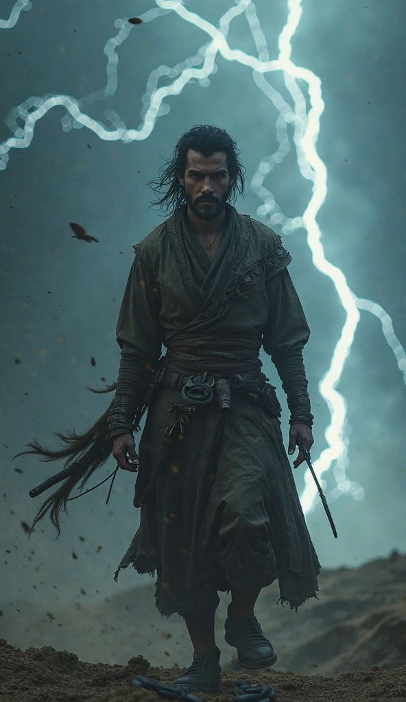 A slow-motion frame of Temujin finally standing free, the broken collar lying in the dust behind him. His posture is still weak but defiant. Lightning cracks behind him as he looks ahead into the darkness — symbolizing freedom and rebirth.

