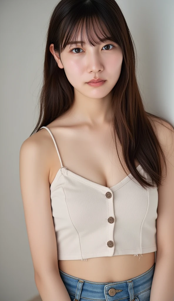 Dark brown hair、Light brown eyes、Japanese actress、 Lady、I40歳くらいです.、(Intricate details:1.2)、(Which is the top????:1.4)、 (Ultra-high resolution:1.2)、Ultra-high resolution、(Finely tuned)、(Detailed facial features)、Hmph、8K resolution、D cup size breasts、Long Hair、Enjoying the sun and shade in Los Angeles、relax、、,Full body photo、Head to toe shot、Beautiful legs、camisole、Denim pants、Blackpink Jenny　I、Take this photo、Beautiful legs、she, Fashion Hub, Attention to detail, Very detailed, Realistic, Hourglass Shaped Body, Obscene pose,Leaning against a wall、Place your head against the wall and lift your chin slightly..........、Poses that make you feel weak、Are crying、Deep sorrow、My eyes and cheeks are wet with tears、