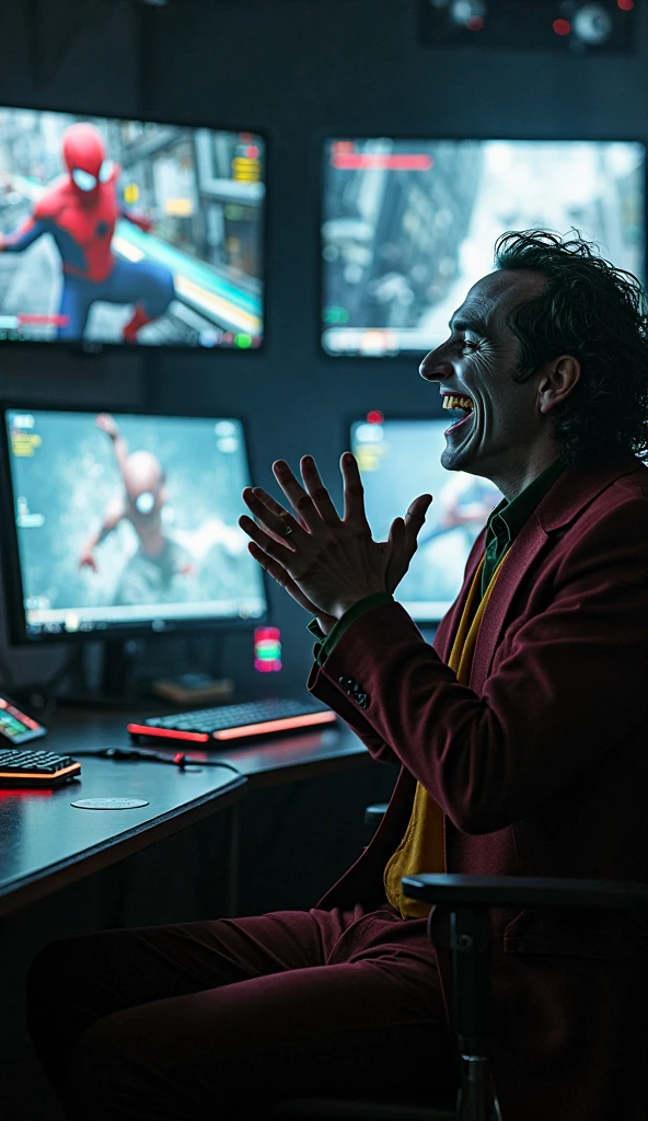Joker laughing while sitting and looking at the monitor of a gaming PC.
Joker is also making an L with one hand using his index finger and thumb to make it look like an L and with his middle fingers, ring and pinky closed.
The perspective of the image view has to be behind the joker, with a wider view of the monitor.
THE JOKER IS MAKING AN L with ONE HAND and not a 2 sign The perspective has to show the monitor screen in its entirety