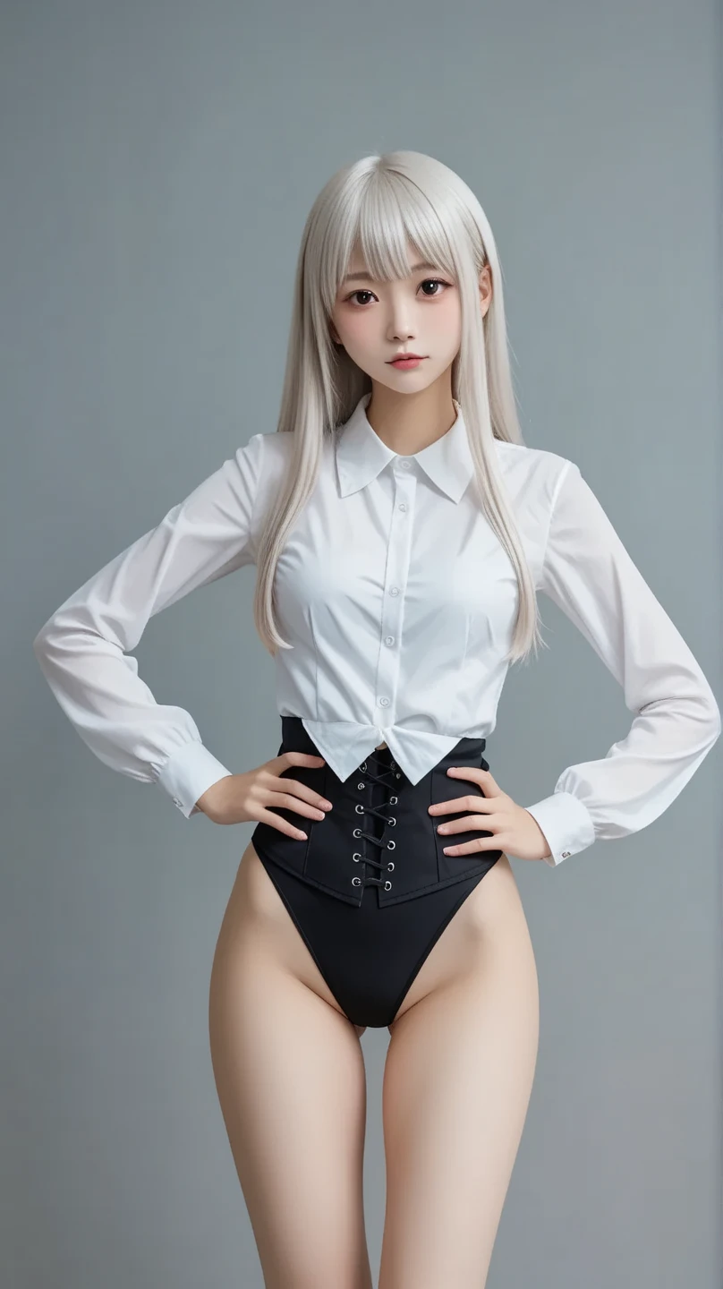 (RAW Photos, highest quality), (Realistic, photo-Realistic:1.3), masterpiece, Very delicate and beautiful, Very detailed, CG, Unity , 2k wallpaper, wonderful, In detail, A light smile, Very detailed CG Unity 8k wallpaper, Large file size, Super detailed, High resolution, Absurd, Soft Light, (((Medium Hair:1.3), Short bangs, Silver Hair, Floating hair NovaFrogStyle)), Beautiful detailed girl, Detailed fingers, Very detailed eyes and face, Beautifully detailed nose, Beautiful fine details, Long eyelashes, Light on the face, View Viewer, (Mouth closed:1.2), One girl, cute, young, Mature Face, (whole body:1.3), ((Small breasts)), Realistic face, Realistic body, Beautiful thigh details, (Ulzzang-6500-v1.1:0.8), suit, Cross-strap clothing, Collared shirt, Open clothes, At work, Details Office, Open cardigan, Black knee socks, mini skirt, Black underwear, Unbuttoned shirt,