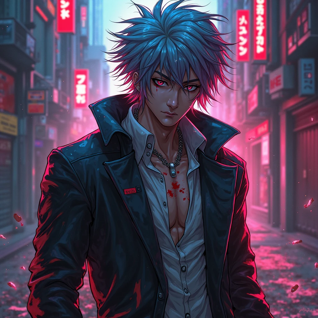 Juuzou suzuya badass hot man with neon background and blood