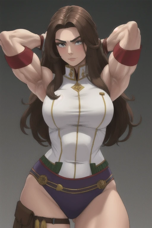(((Plain background 1:2))) (masterpiece, high quality: 1.1) 1girl full body standing, hairstyle with a braid, white colored hair, yellow eyes, perfect lighting, muscular, thighs, mature woman, mummy, bellybutton, abs, looks at the viewer smile RED CHEEKS, extremely huge breasts, maternal, porcelain skin, extra very long hair, sparkly skin, good face, chest cover, HANDS ON HIPS