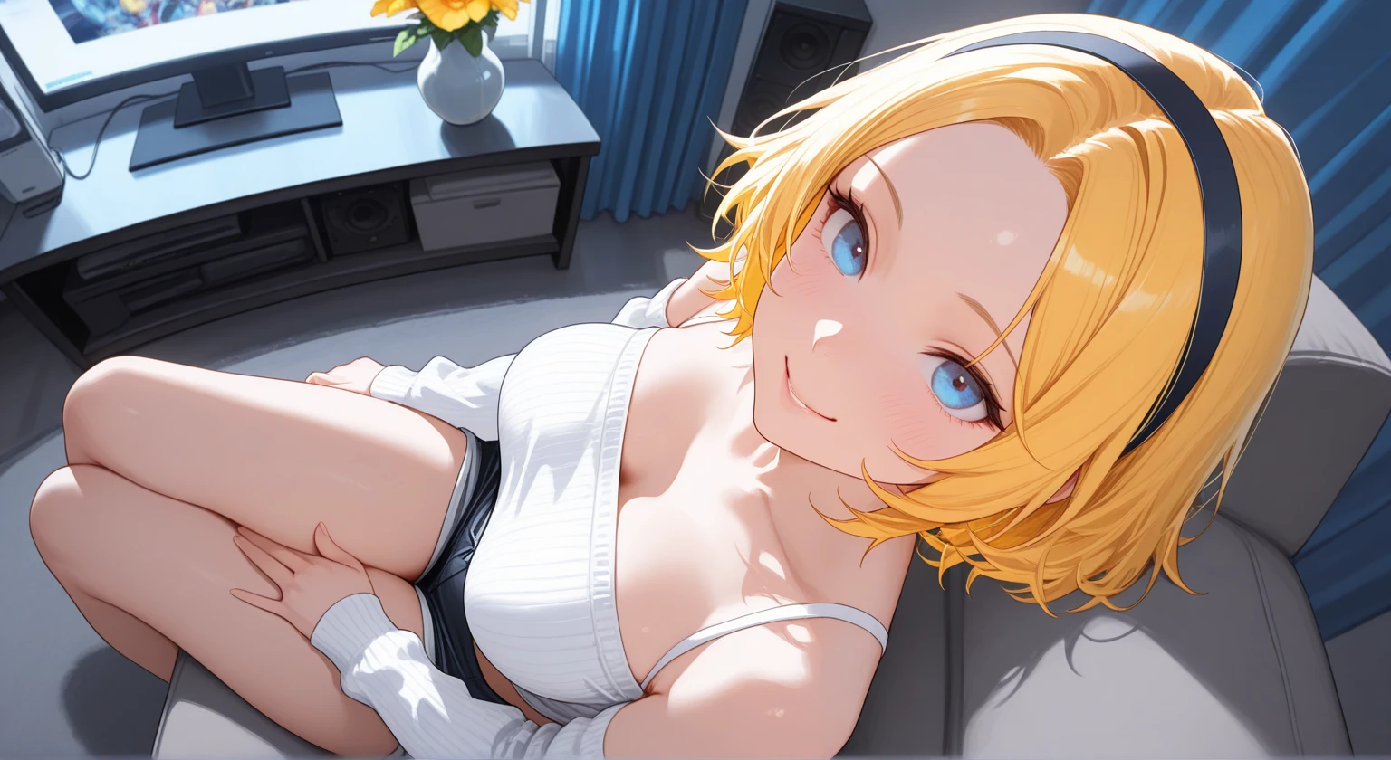 blond girl, light purple eyes, girl lying down, wearing shorts and socks, fly away, linda, asmr, mike, big breasts under the shirt, pose de anjo, Feet up