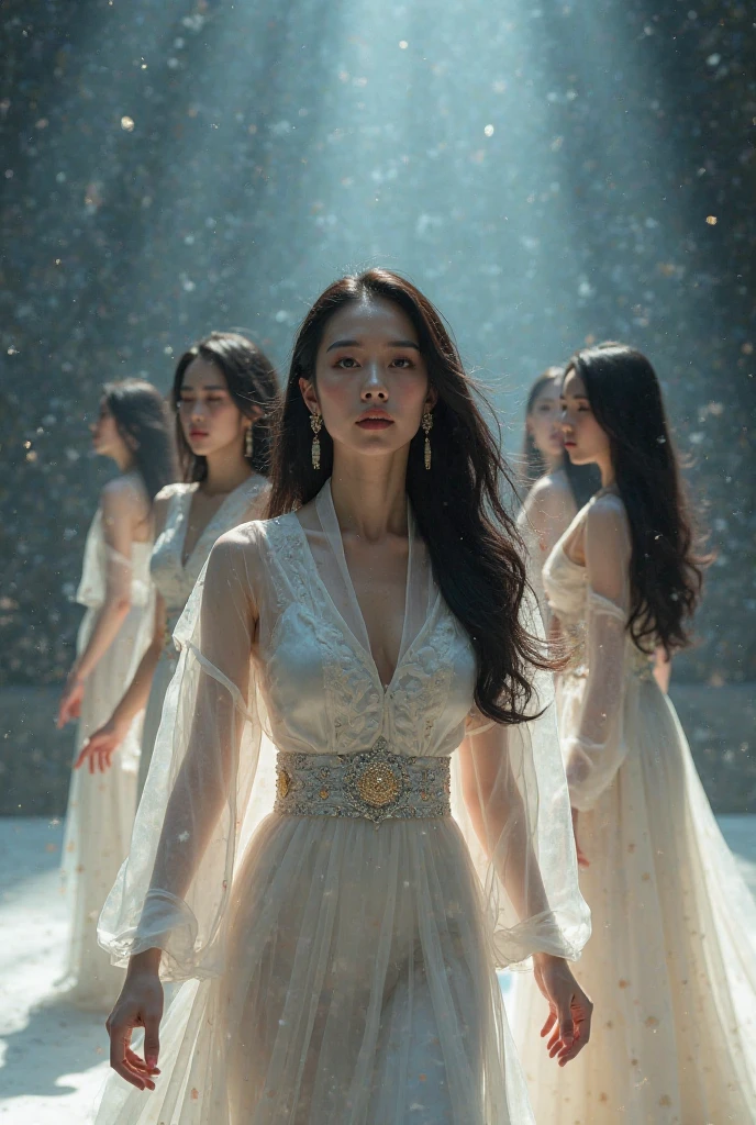 Two small fallen queens, with the scale of their entire bodies reduced, sitting inside a tarot card frame. They are wearing moon-themed dresses and facing each other while holding hands. The women are small enough to fit entirely within the frame. The scene has a decayed atmosphere reminiscent of Elden Ring. The background features an impressive and prominent moon, along with the ruins of a temple. Detailed and intricate design for the tarot card frame.
