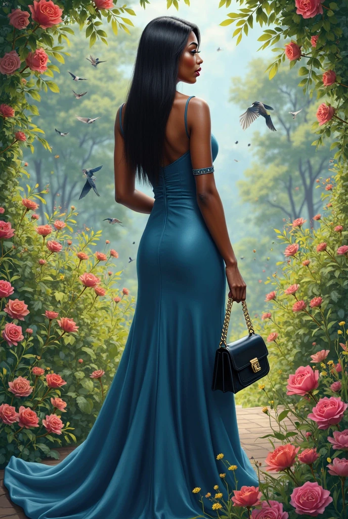 a woman with straight and long black hair and a long blue dress with black heels holding a black bag in a garden with lots of flowers and birds