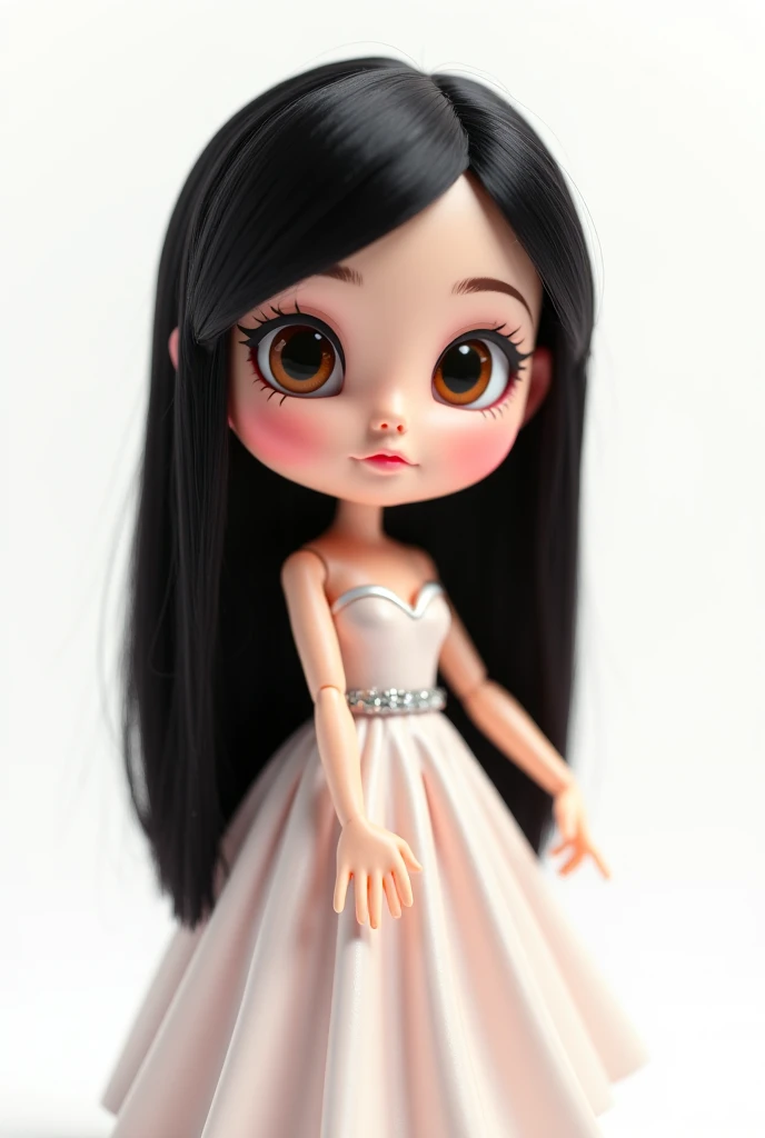 Make a Funko Pop of a long-haired woman with bangs, wearing a white tank top dress and black all star